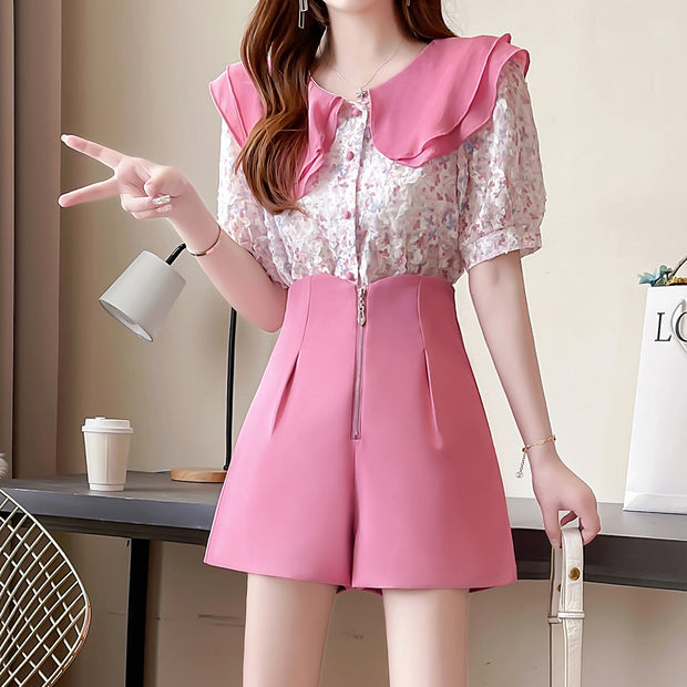 Floral doll collar shirt zipper wide leg shorts set