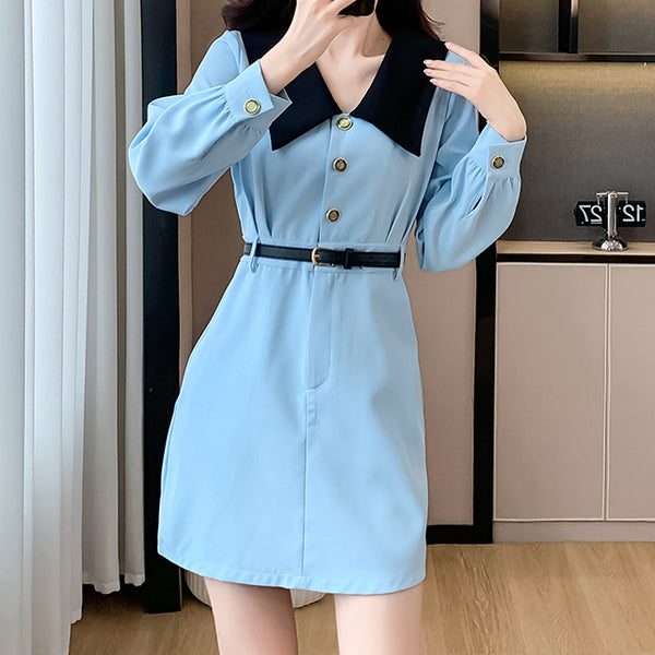 Blue Baby Doll Collar Waist A-Line Shirt Dress