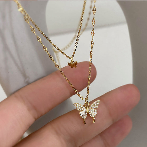 Double butterfly alloy clavicle necklace