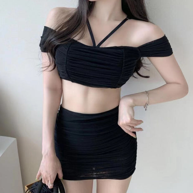 Ruched halter neck solid two-piece swimsuit