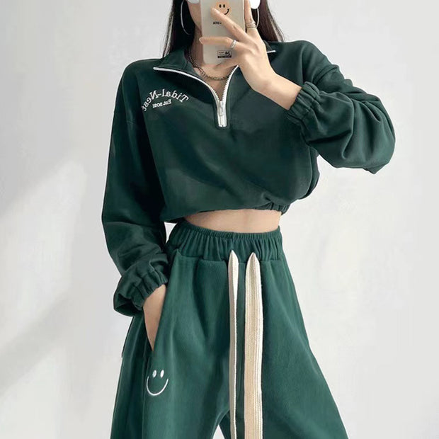 Zipper cropped sweatshirt elastic waist pants set