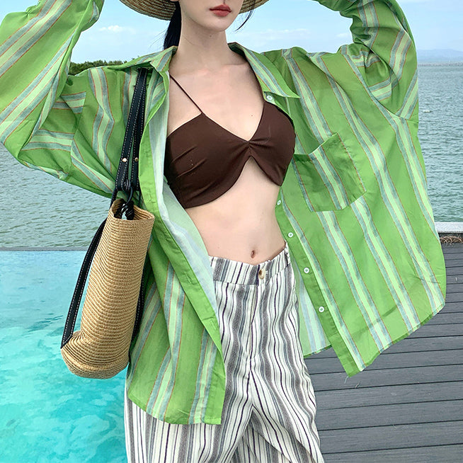 Brown Bikini Striped Wide-Leg Pants Suit