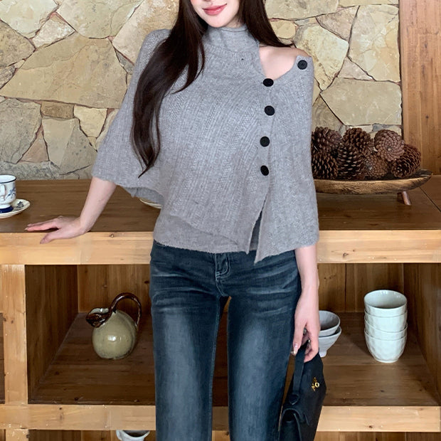 Vintage-Style Asymmetric Side-Button Off-Shoulder Knit Cardigan
