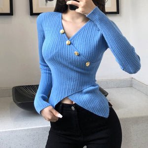 70% Diagonal Button V-Neck Long-Sleeved Knitted Top