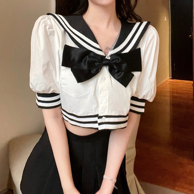 Navy collar shirt top pleated skirt preppy set