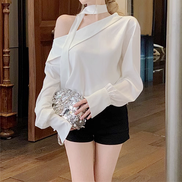 One-shoulder halter neck ribbon white shirt