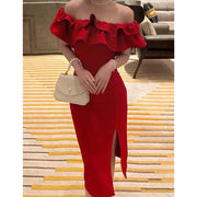 Nipped-waist ruffle off-the-shoulder slit prom dress