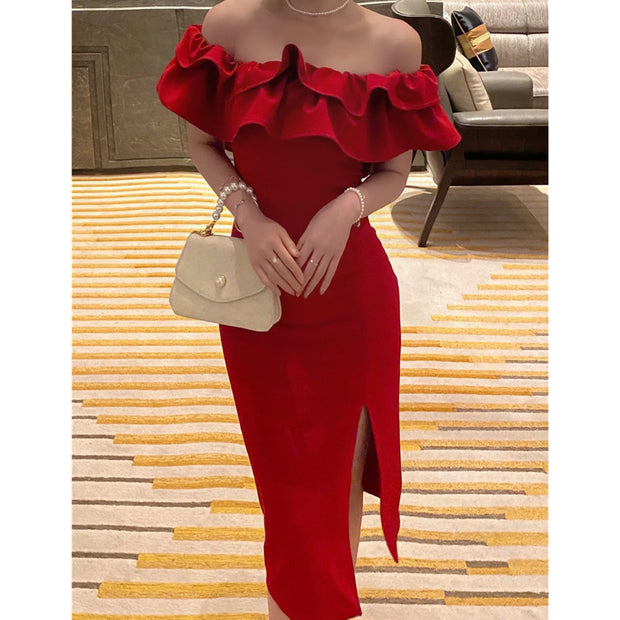 Nipped-waist ruffle off-the-shoulder slit prom dress