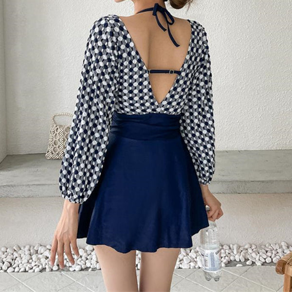 V-neck twist long-sleeve one-piece swimsuit