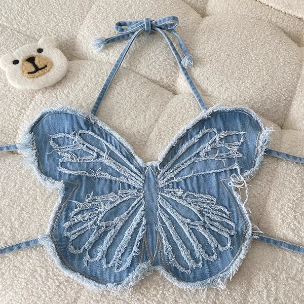 Butterfly Backless Denim Cropped Tank Top