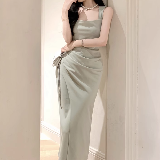 Square Neck Pleated Irregular Sleeveless Bodycon Dress