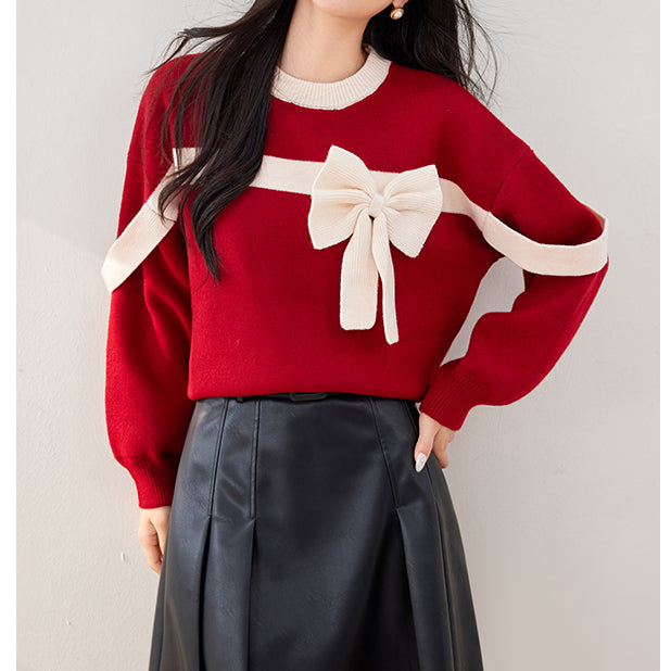 Bow Round Neck Christmas New Year Knitted Sweater