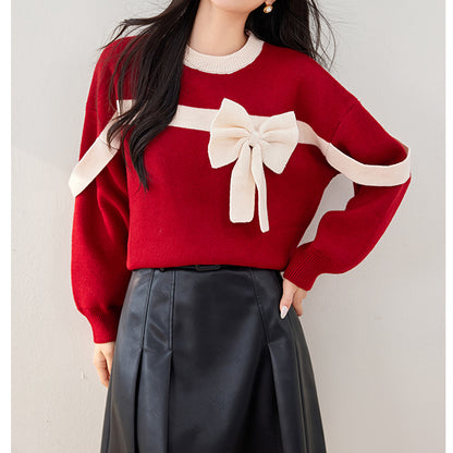 Bow Round Neck Christmas New Year Knitted Sweater