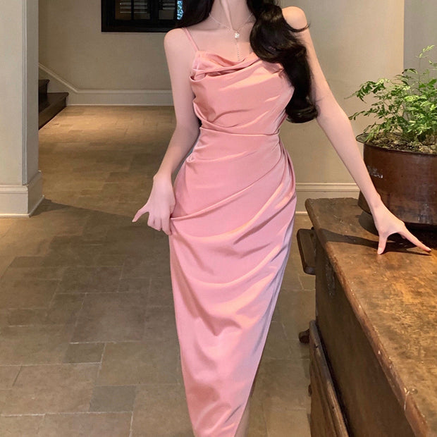 Swing Neck Slit Pleated Slim Satin Slip Dress