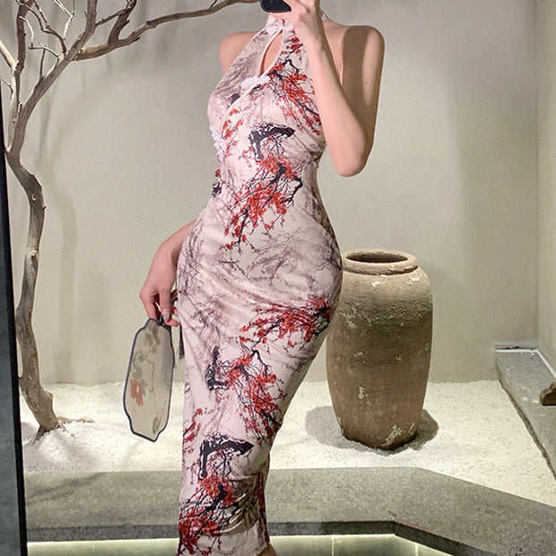 Hollow sleeveless slit national style qipao dress