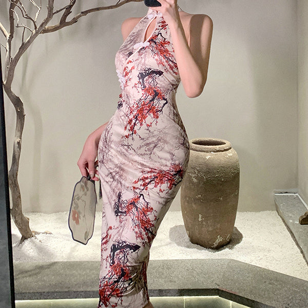 Hollow Sleeveless Slit National Style Qipao Dress