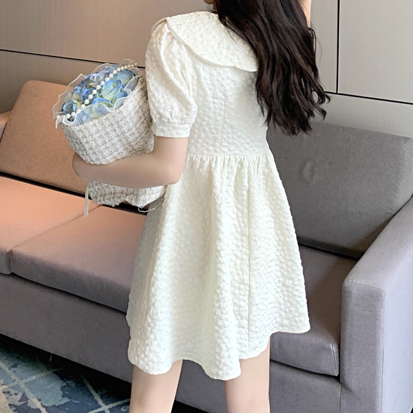 Doll Collar Puff Sleeves Waisted Puffy Dress