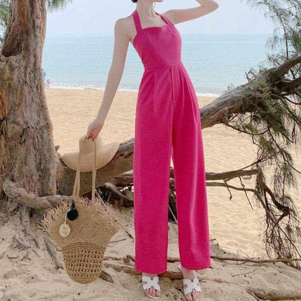 Open back tie pocket rose red wide-leg jumpsuit
