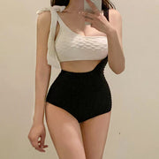 Color contrasting cropped one-piece swimsuit