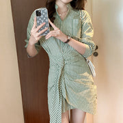 Irregular striped waisted long sleeve shirt dress