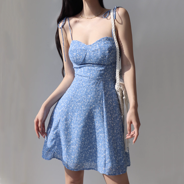 Lace-Up Waist Blue Floral A-Line Cami Dress