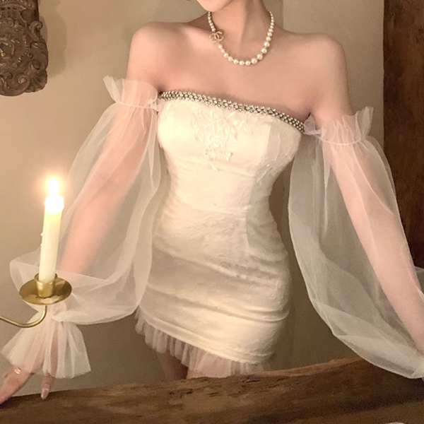 Mesh Lantern Sleeve Sexy Tube Top Dress