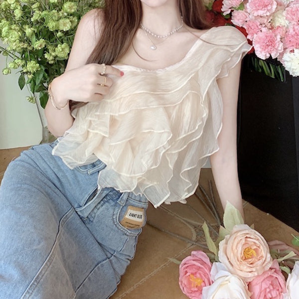One-shoulder ruffled pearl chiffon shirt top