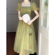 Square neck chiffon neck puff sleeve long dress