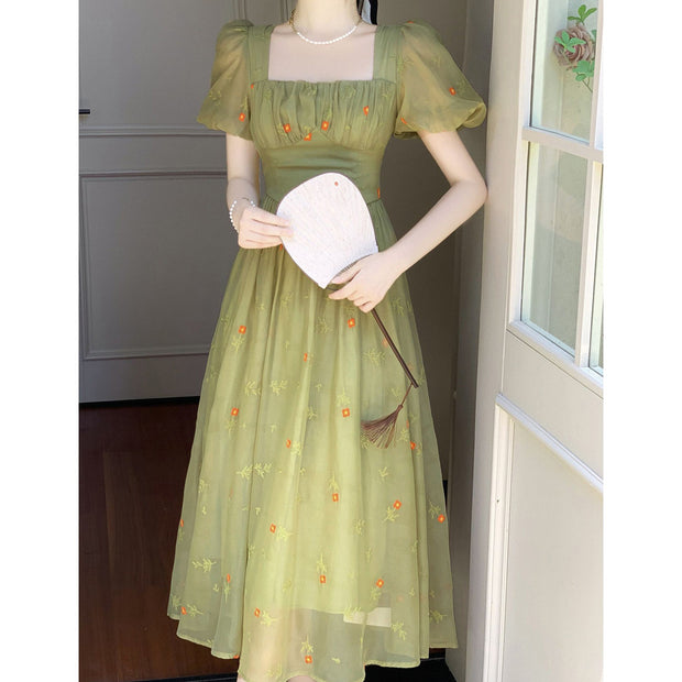 Square neck chiffon neck puff sleeve long dress