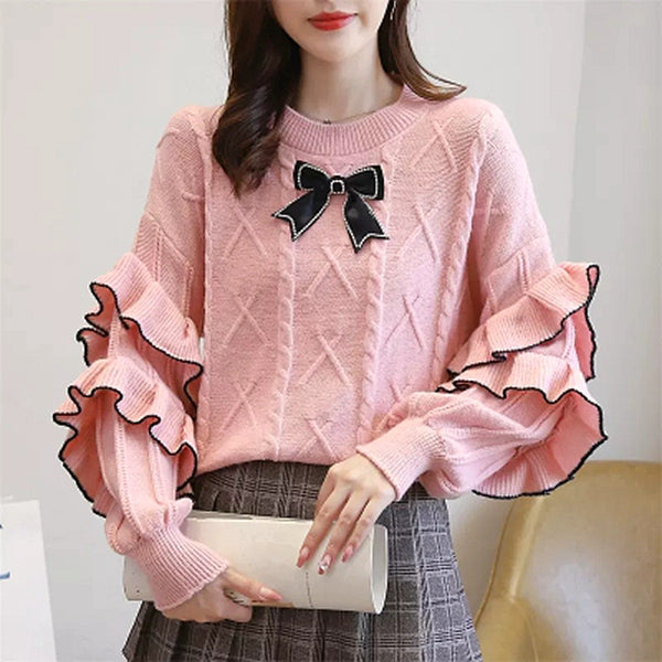 Round Neck Ruffled Bow Knitted Sweater