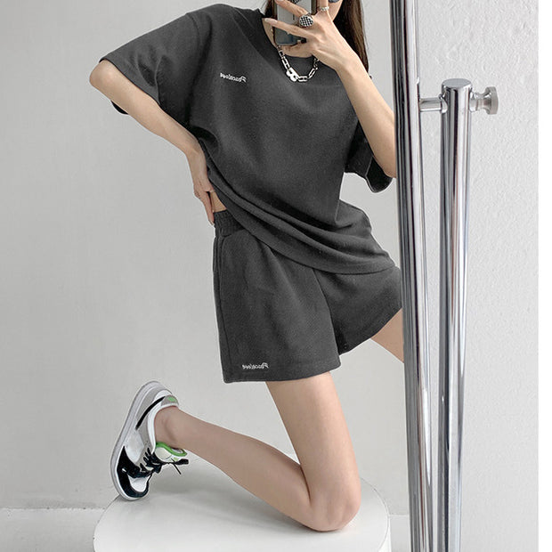 Loose waffle t-shirt elastic wide leg shorts set