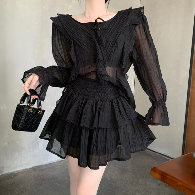 Trumpet sleeve tie shirt high waist cake skirt set