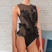 Polka-dot mesh ruffle one-piece swimsuit