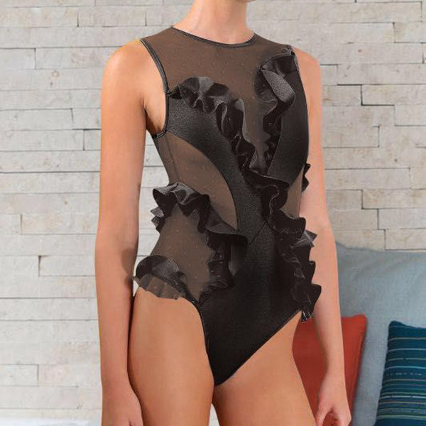 Polka-dot mesh ruffle one-piece swimsuit