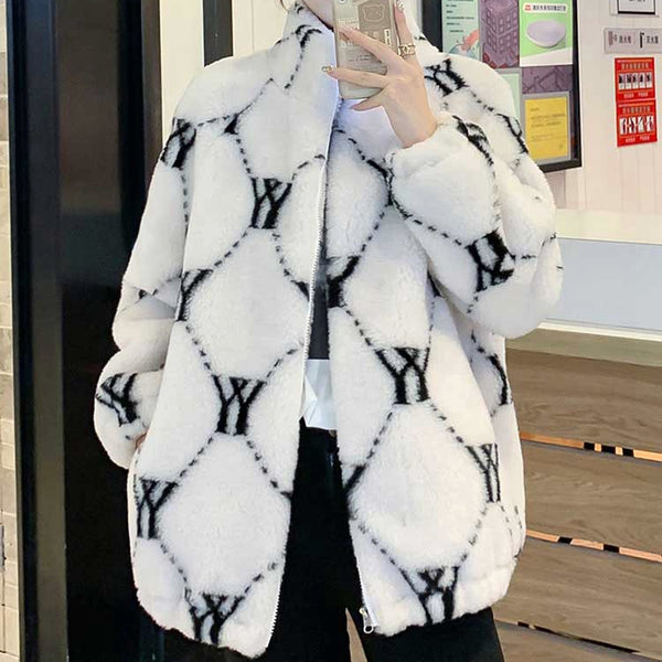 Letter Print Stand Collar Lambswool Warm Jacket
