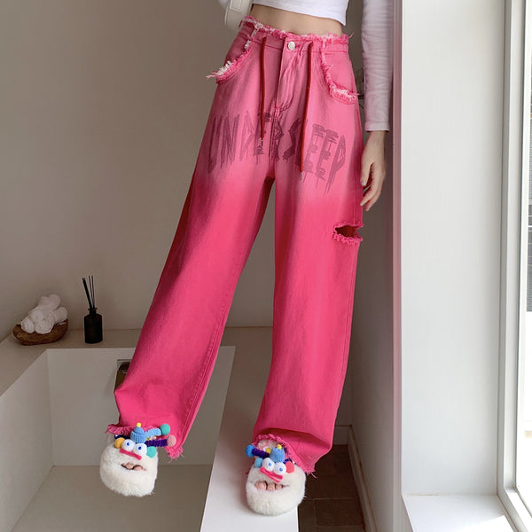 Gradient Pink Letter Destroyed Drawstring Jeans