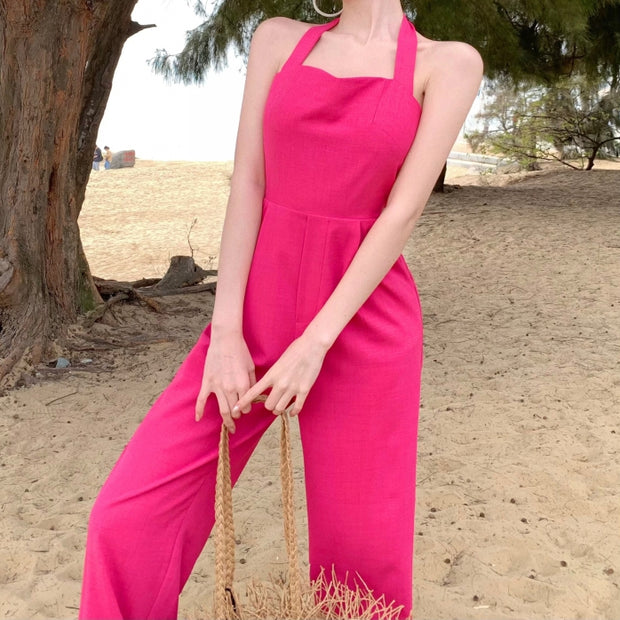 Open back tie pocket rose red wide-leg jumpsuit