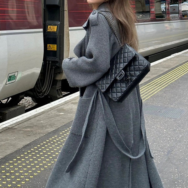 Long Double Breasted Gray Knit Cardigan Jacket
