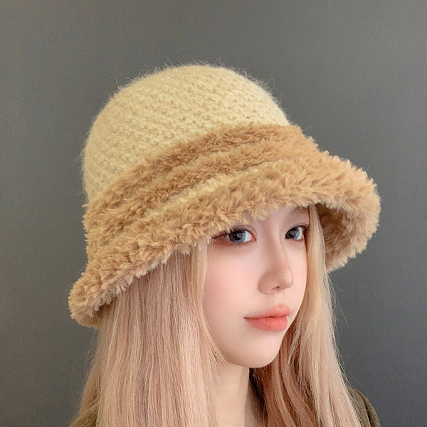 Plush Earmuffs Warm Knitted Bucket Hat