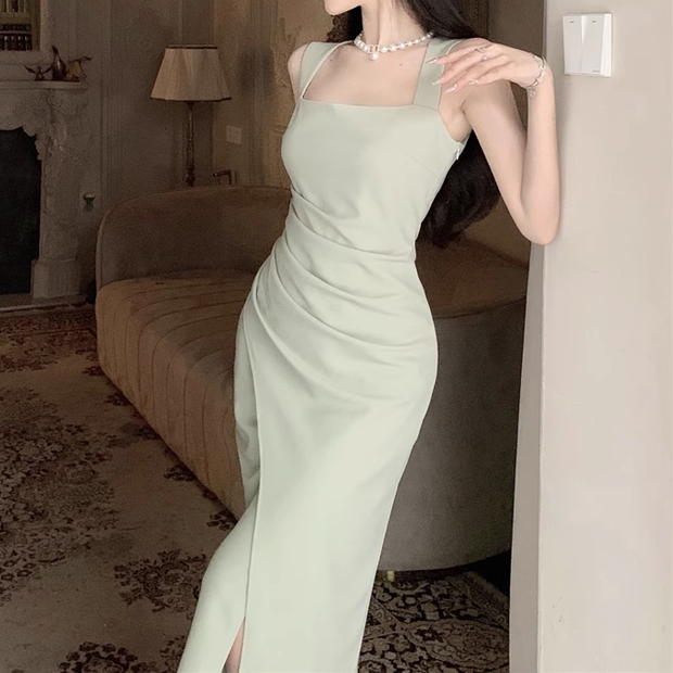 Square Neck Pleated Irregular Sleeveless Bodycon Dress