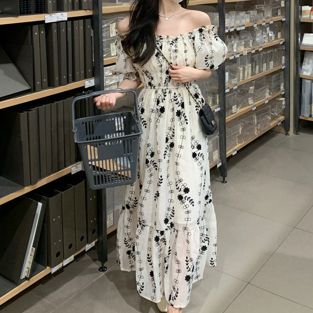 High waist bubble short sleeve long floral dress