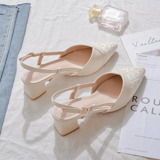 Pointed toe buckle strap block heel sandals
