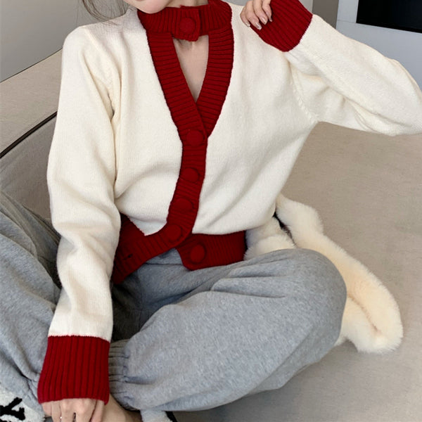 V-Neck Cutout Long Sleeve Christmas Knit Cardigan