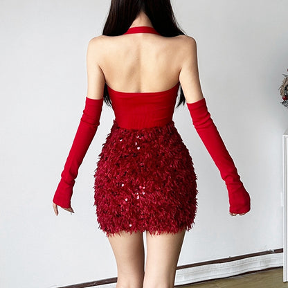 Backless Sequin Slim Halter Neck Christmas Dress