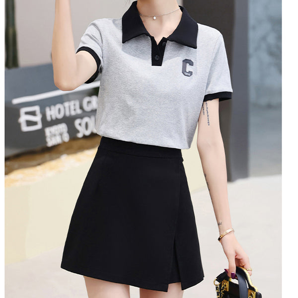 Polo Collar Letter Short-Sleeved T-Shirt Slit Skirt Set