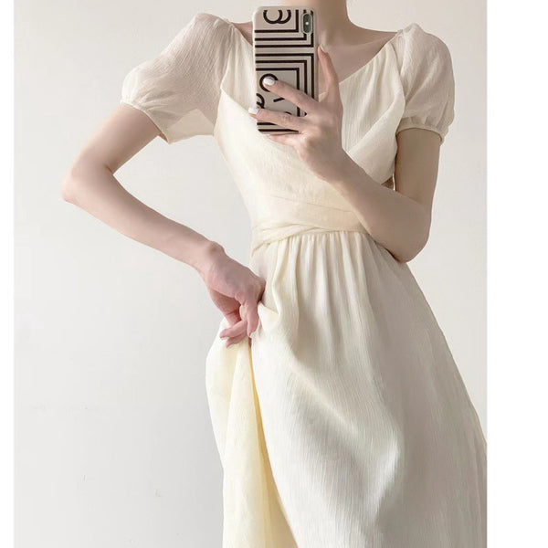 Bubble Short-Sleeved V-Neck Waist Long Dress
