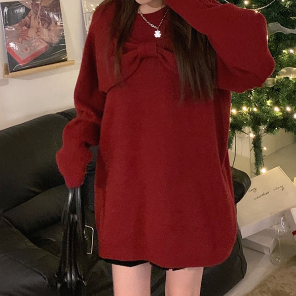 Red Bow Off-Shoulder Christmas Sweater Dress