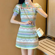 Lapel knitted short-sleeved top colorful skirt set