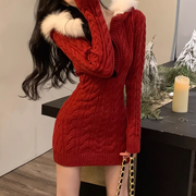 Furry Hooded Christmas Red Knitted Dress