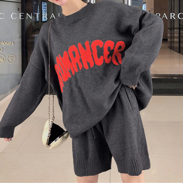 Letter loose sweater elastic waist shorts set